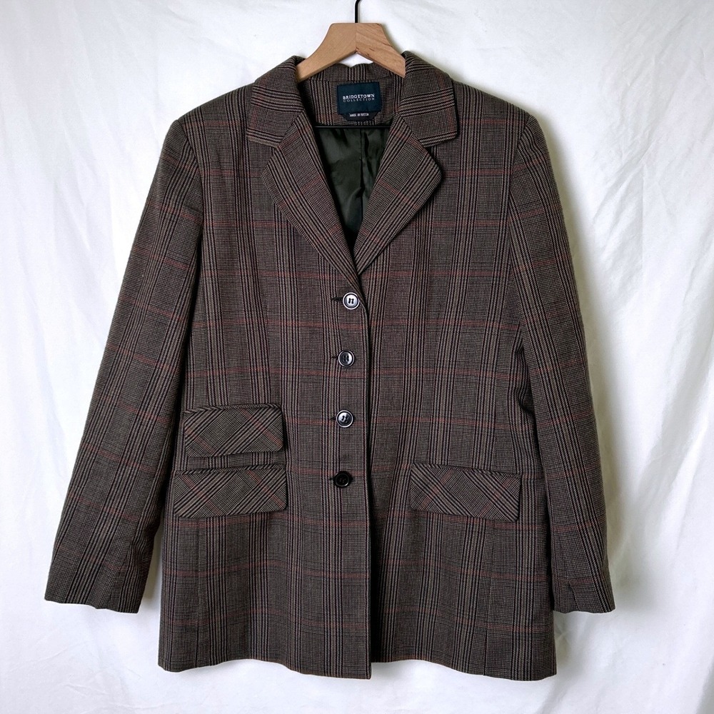 Bridgetown Collection Womens Plaid Wool 4-Button Blazer Jacket Size L Brown
